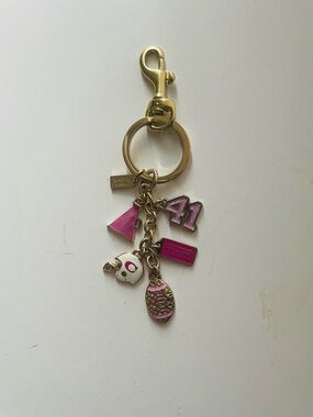 Coach Pink Enamel Charm Key Ring with Gold Hardware